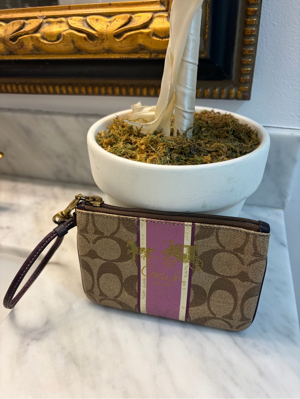 Coach Brown Signature Canvas Wristlet with Pink Stripe